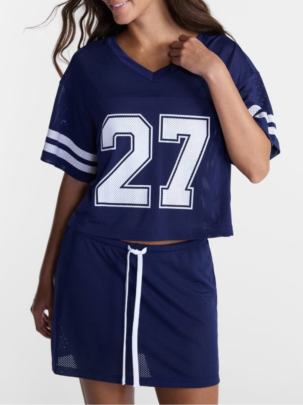 No Boundaries Navy Mesh V-Neck Jersey Top with White '27' Graphic